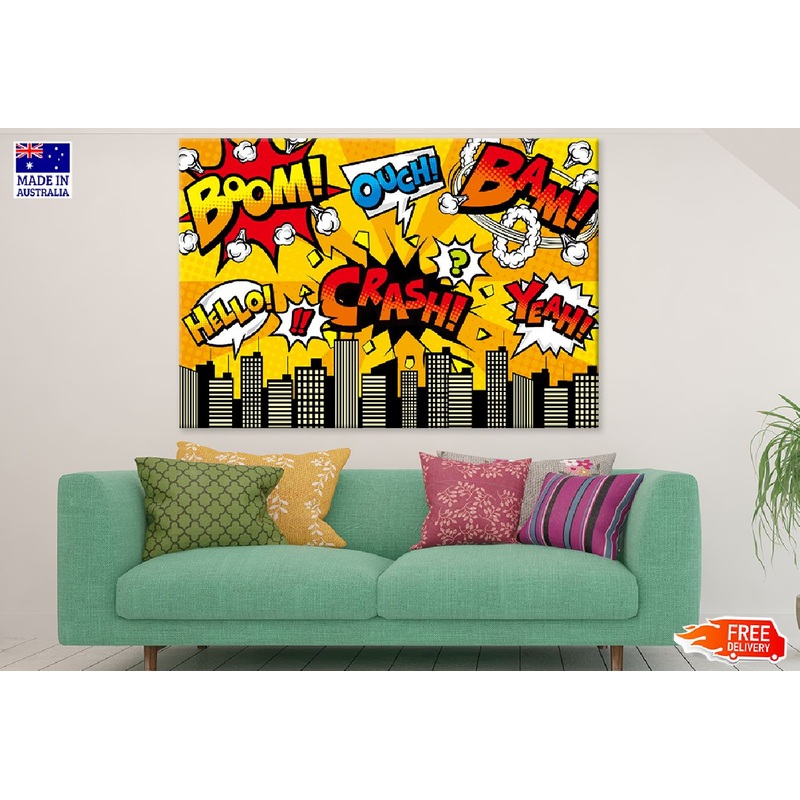 BOOM CRASH HELLO OUCH BAM YEAH Chat Bubbles Illustration Print 100% Australian Made