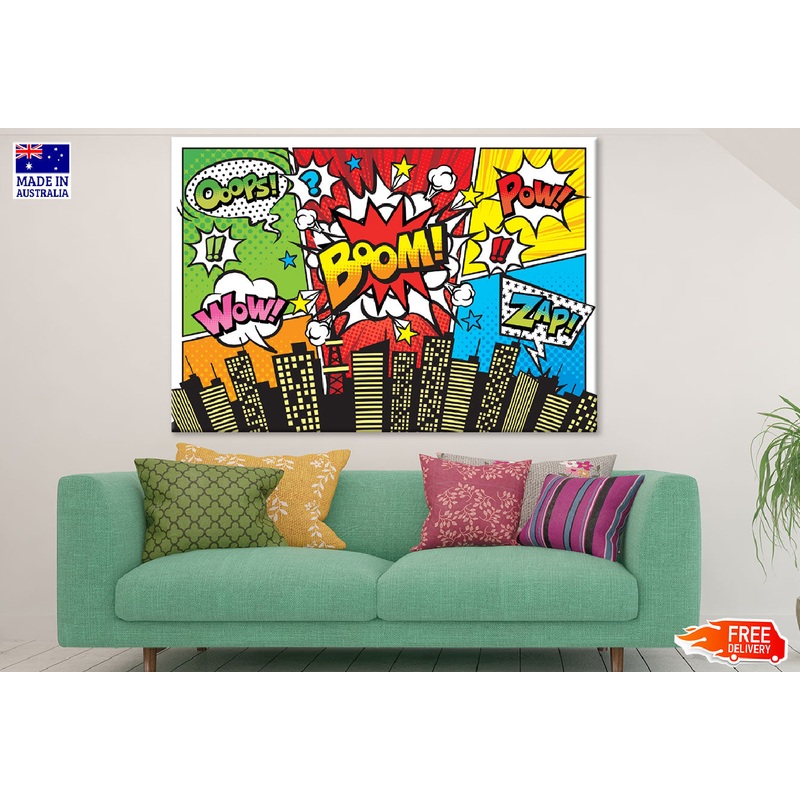 Oops WOW BOOM POW ZAP Quotes & City Illustration Print 100% Australian Made