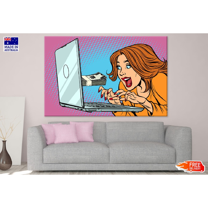 Woman With Laptop E-Earning Illustration Print 100% Australian Made