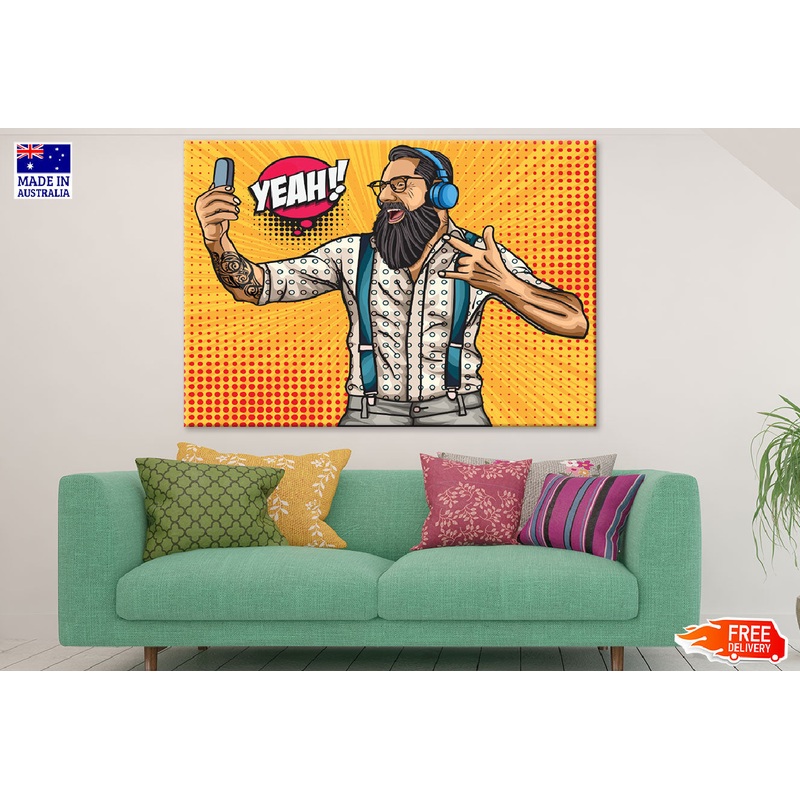 Yeah Quote & Bearded Man with Headphones Print 100% Australian Made