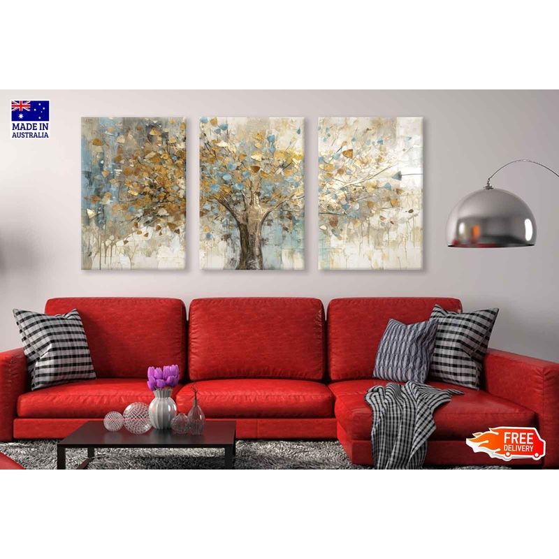 3 Set of Abstract Gold Tree High Quality Print 100% Australian Made Wall Canvas Ready to Hang