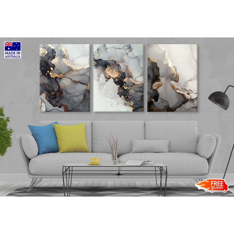 3 Set of Black & Gold Grey Abstract Design High Quality Print 100% Australian Made Wall Canvas Ready to Hang