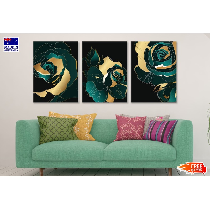 3 Set of Green & Gold Floral Art High Quality Print 100% Australian Made Wall Canvas Ready to Hang
