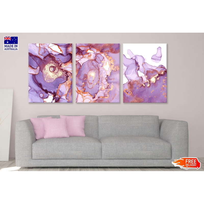 3 Set of Purple & Gold Abstract High Quality Print 100% Australian Made Wall Canvas Ready to Hang