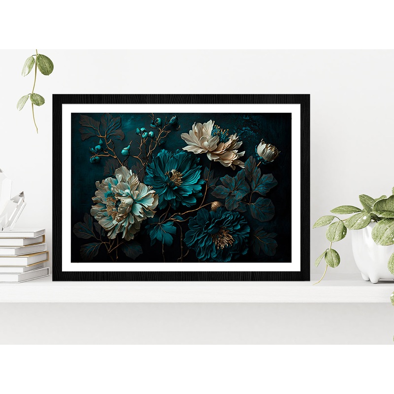 Painted Flowers Dark Moody Glass Framed Wall Art, Ready to Hang Quality Print