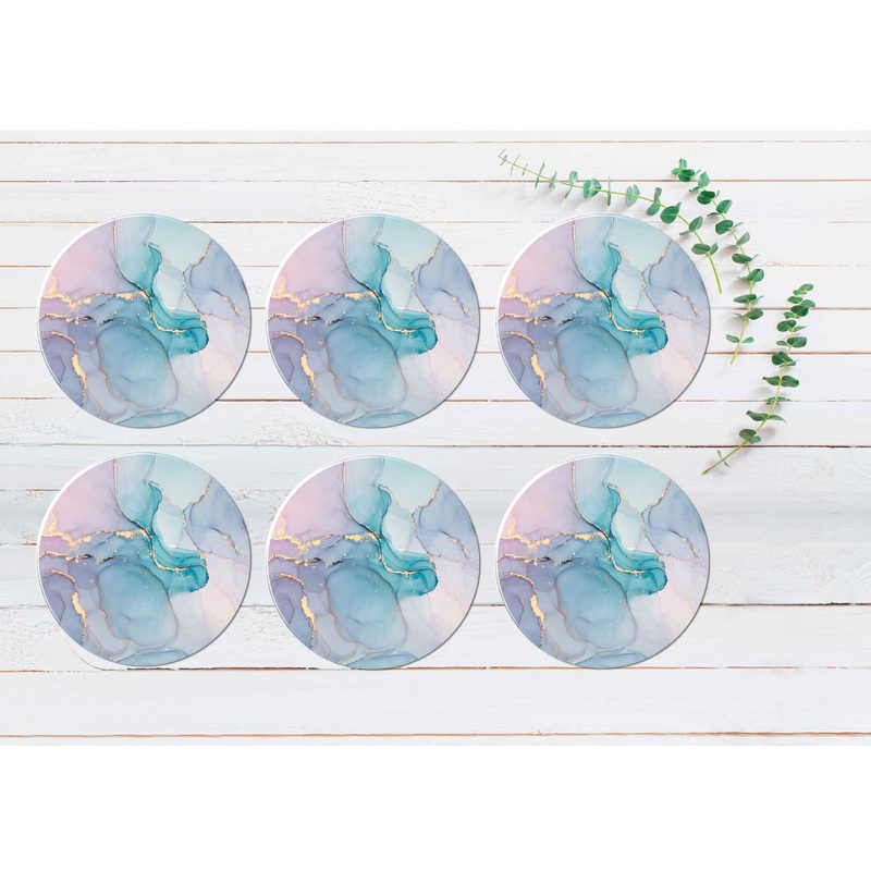 Pink Blue Grey Gold Liquid Abstract Coasters Wood & Rubber - Set of 6 Coasters