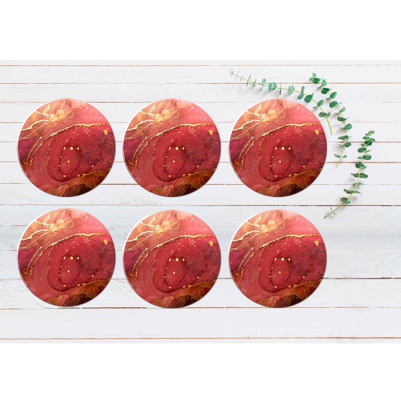 Pink Red & Gold Lines Marble Abstract Coasters Wood & Rubber - Set of 6 Coasters