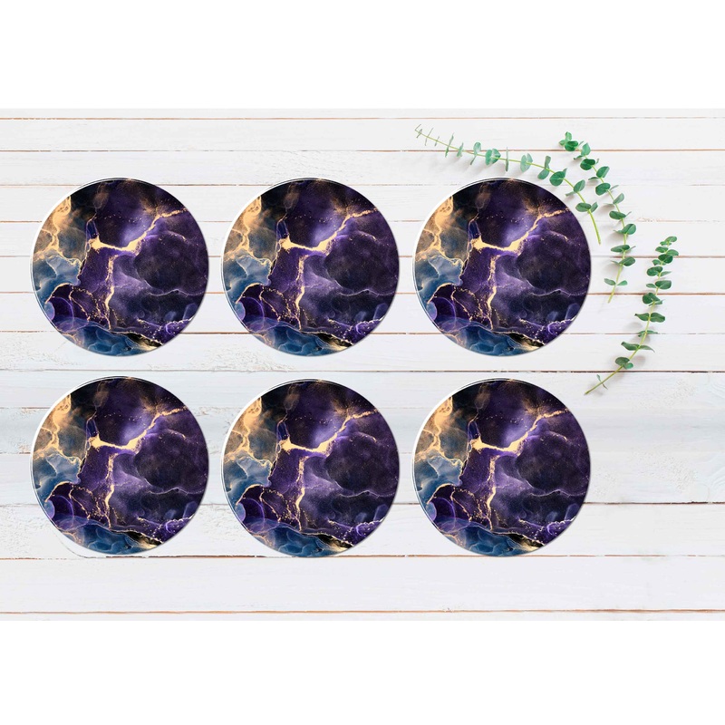 Purple Blue Gold Splash Marble Design Coasters Wood & Rubber - Set of 6 Coasters