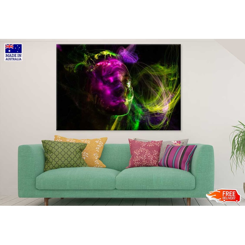 Purple Yellow & Green Digital Woman Face Abstract Design Print 100% Australian Made