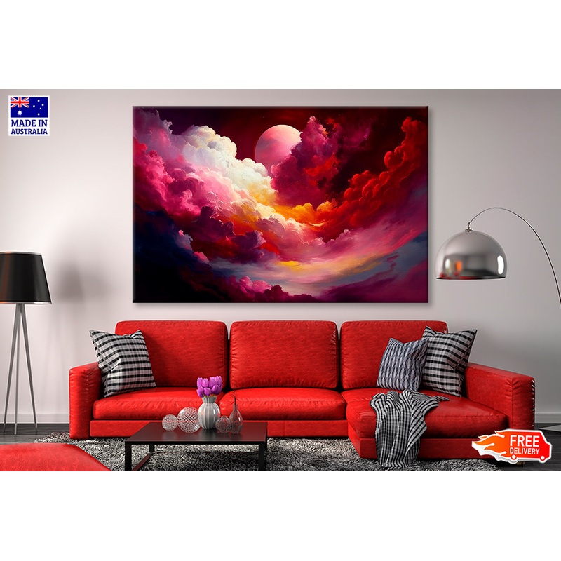 Red Mixed Colorful Cloudy Sky With Moon Oil Painting Limited Edition High Quality Print