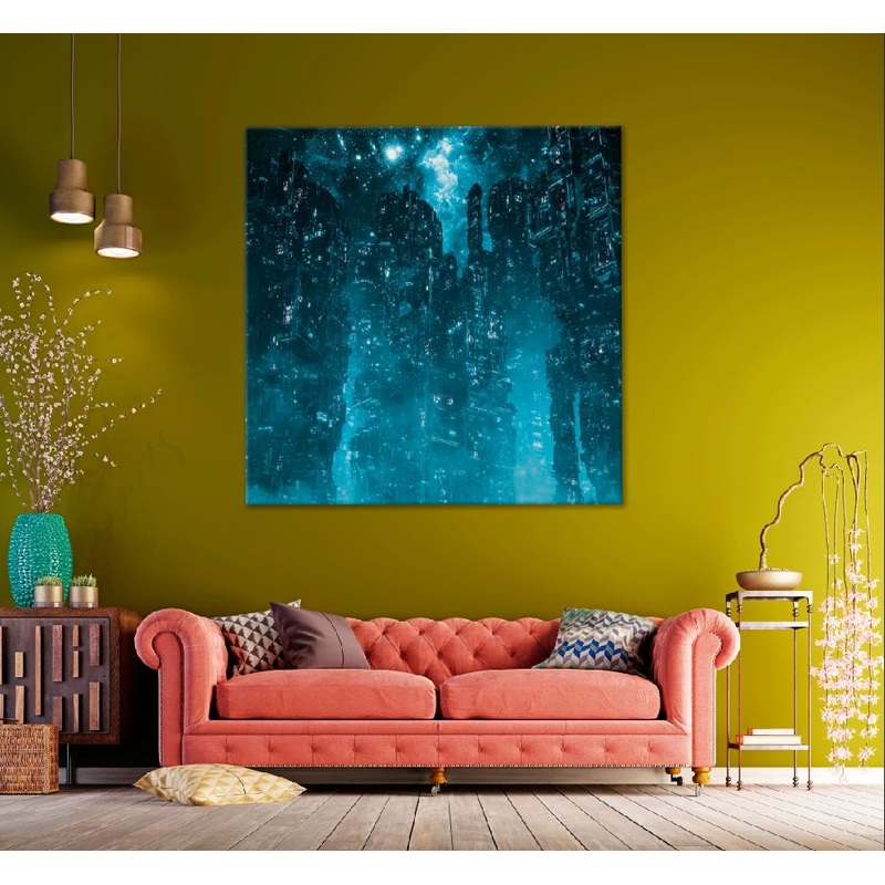 Square Canvas Cyberpunk Metropolis Blue 3D Abstract High Quality Print 100% Australian Made