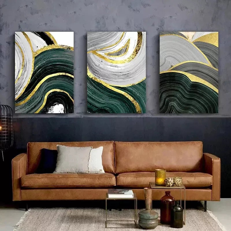 3pcs Abstract Golden Green Marble Line Canvas Framed 40x60cm - High Quality Print 100% Australian Made Wall Canvas Ready to Hang
