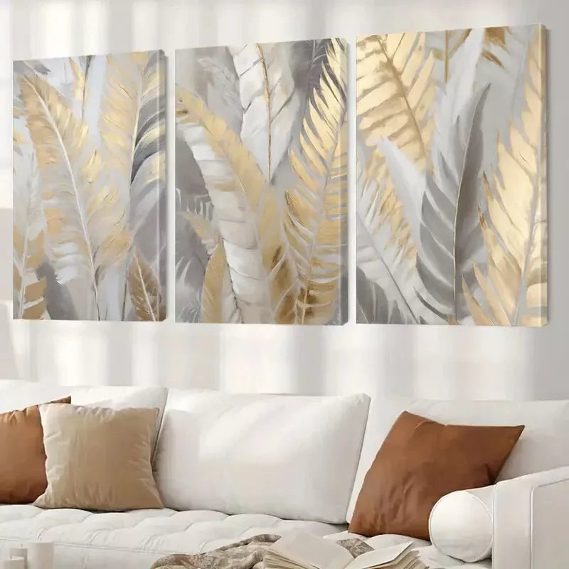 3pcs Abstract Golden Leaf Palm Canvas Framed 40x60cm - High Quality Print 100% Australian Made Wall Canvas Ready to Hang