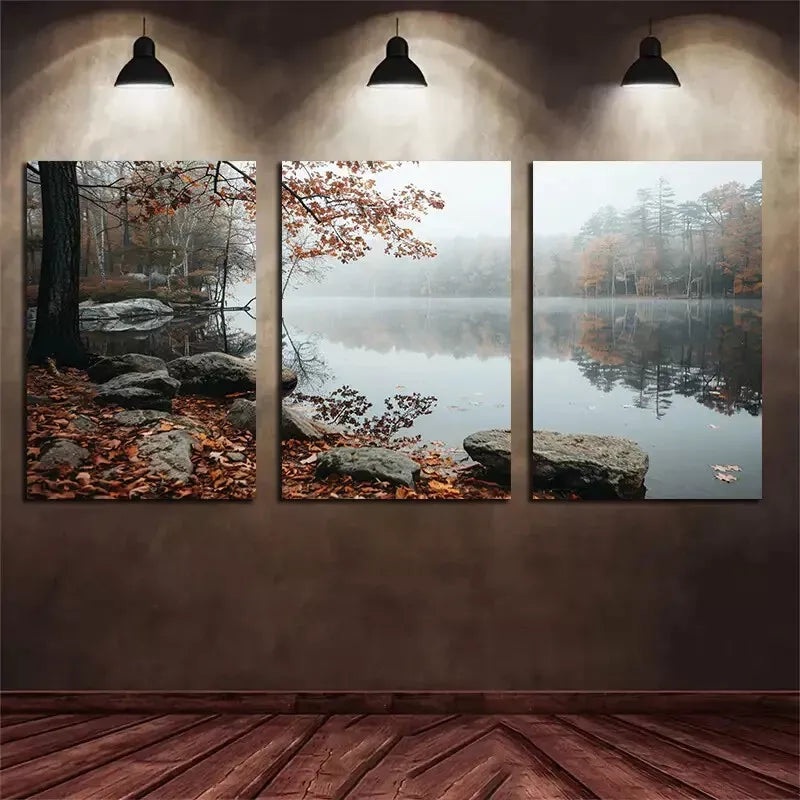 3pcs Beautiful Lake in Autumn Trees & Forest  Canvas Framed 40x60cm - High Quality Print 100% Australian Made Wall Canvas Ready to Hang