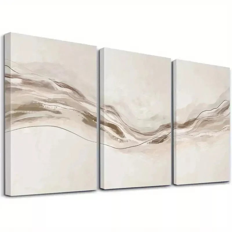 3pcs Beige Wavy Lines Artwork Canvas Framed 40x60cm - High Quality Print 100% Australian Made Wall Canvas Ready to Hang