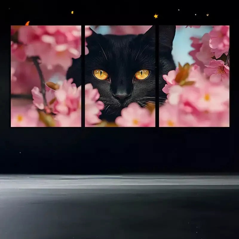 3pcs Black Cat with Amber Eyes Triptych Canvas Framed 40x60cm - High Quality Print 100% Australian Made Wall Canvas Ready to Hang