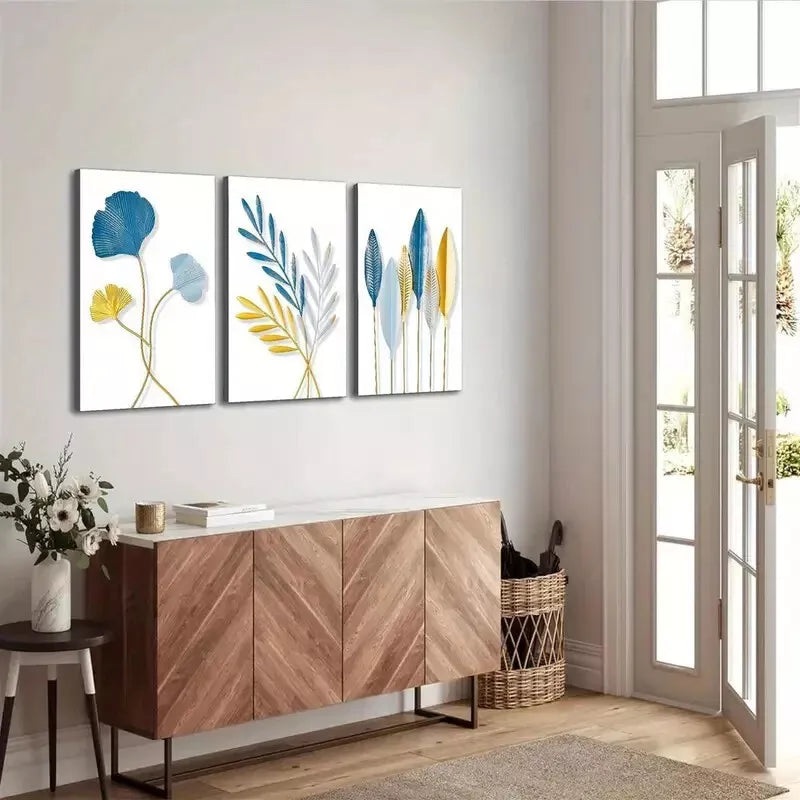 3pcs Blue and Golden leaves Of Flora Canvas Framed 40x60cm - High Quality Print 100% Australian Made Wall Canvas Ready to Hang