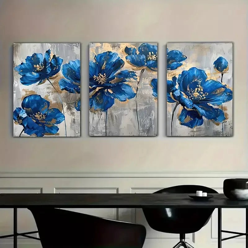 3pcs Blue Flowers With Freckles Of Gold Canvas Framed 40x60cm - High Quality Print 100% Australian Made Wall Canvas Ready to Hang