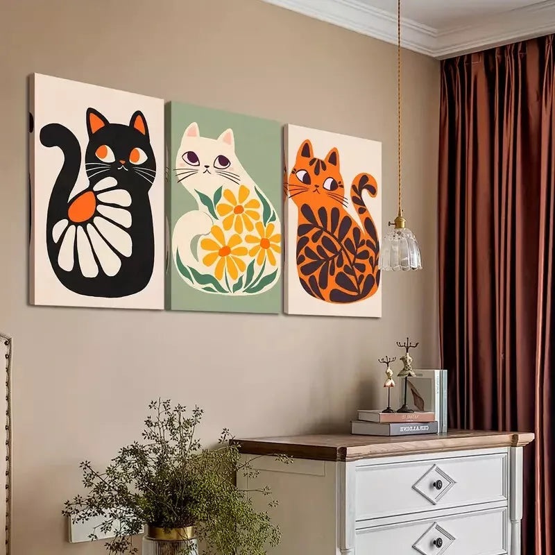 3pcs Boho Wall Art Cute Cats Artwork Plant Canvas Framed 40x60cm - High Quality Print 100% Australian Made Wall Canvas Ready to Hang