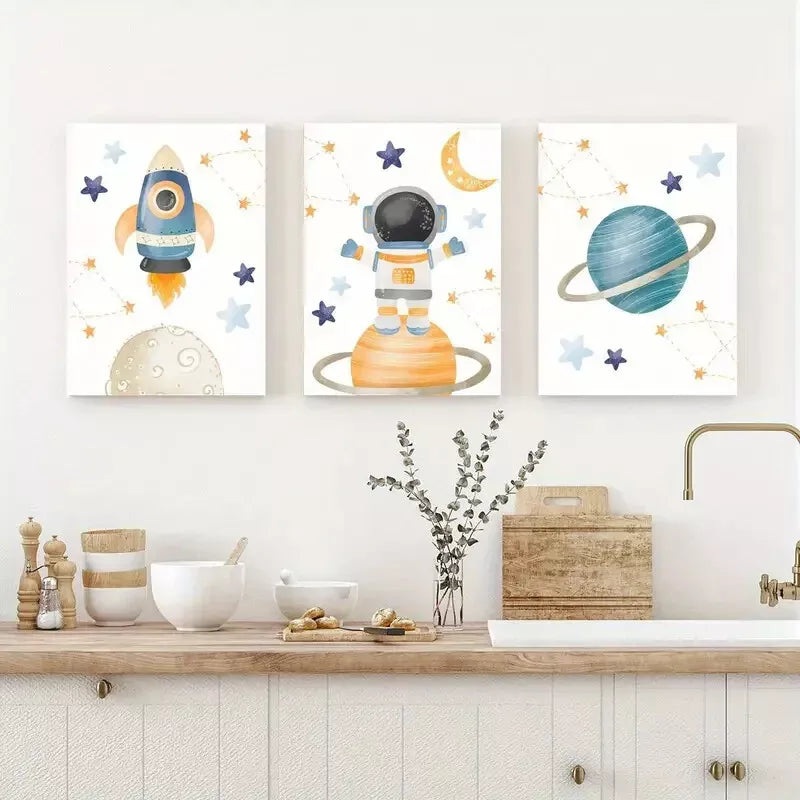 3pcs Cartoon Astronaut and Planets Canvas Framed 40x60cm - High Quality Print 100% Australian Made Wall Canvas Ready to Hang