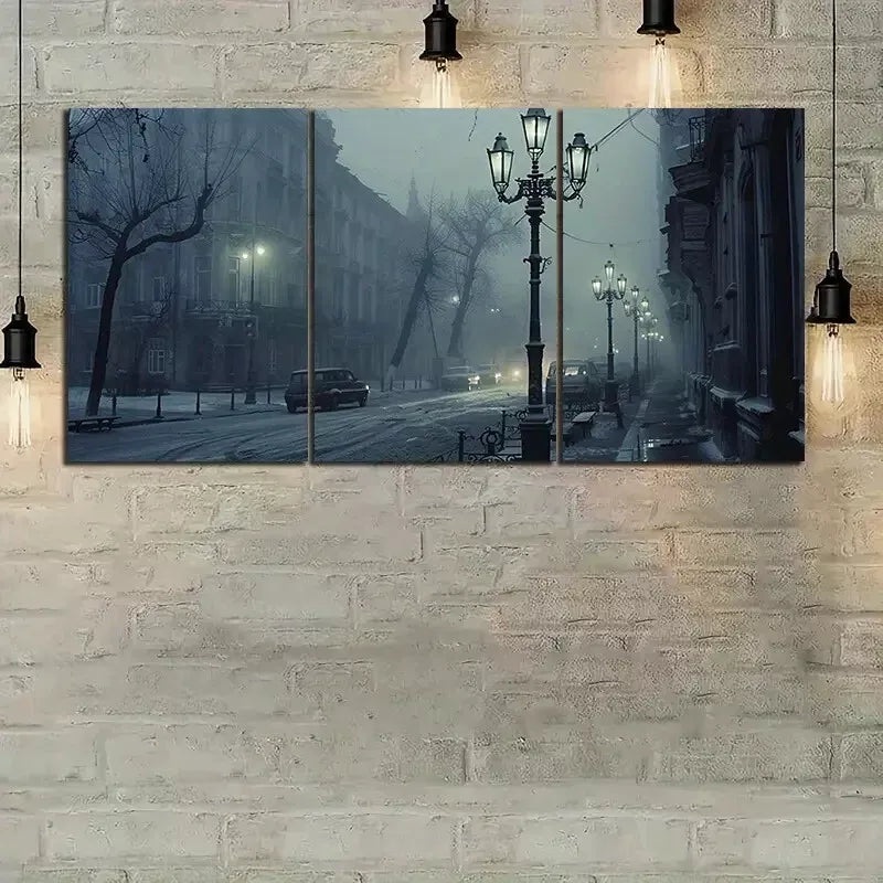 3pcs City in Fog At Night  Canvas Framed 40x60cm - High Quality Print 100% Australian Made Wall Canvas Ready to Hang
