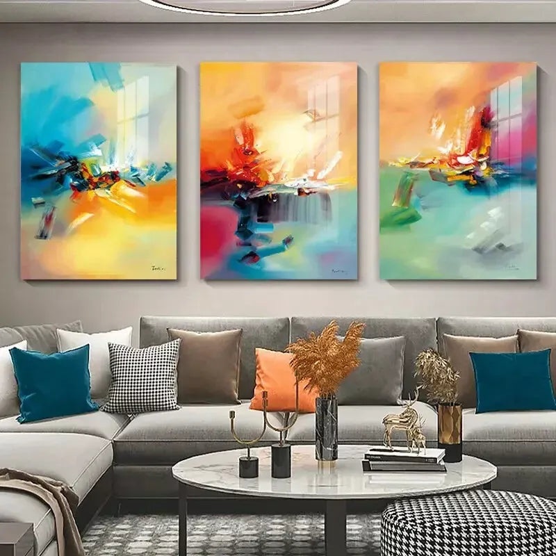 3pcs Colorful Abstract Yellow Pink Art Canvas Framed 40x60cm - High Quality Print 100% Australian Made Wall Canvas Ready to Hang