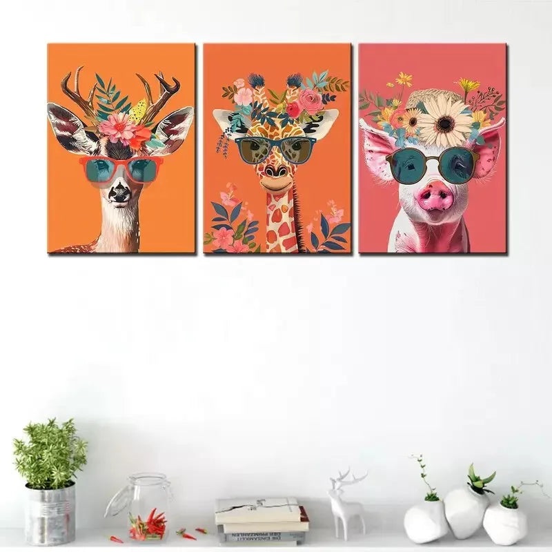 3pcs Colorful Flowers Animals Art Canvas Framed 40x60cm - High Quality Print 100% Australian Made Wall Canvas Ready to Hang