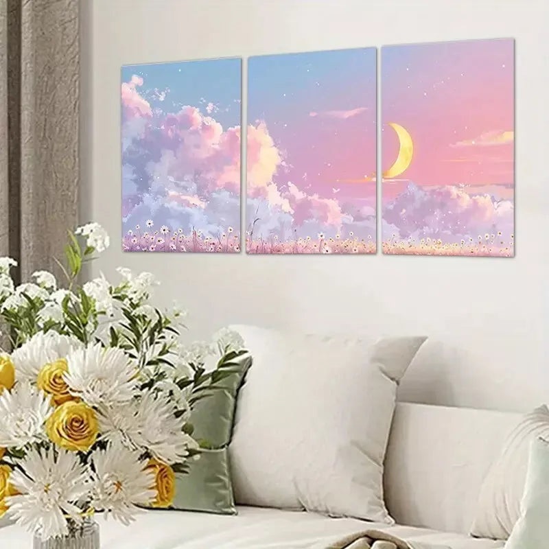 3pcs Crescent Moon and Clouds Canvas Framed 40x60cm - High Quality Print 100% Australian Made Wall Canvas Ready to Hang