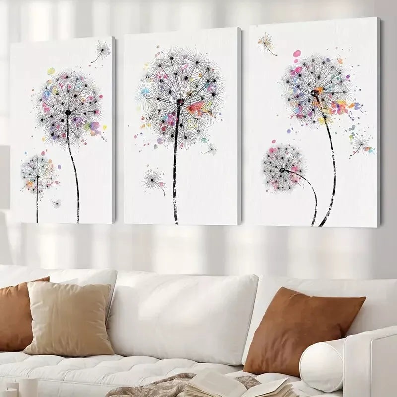 3pcs Dandelions & Watercolor Dots Floral Wilderness Drawings  Canvas Framed 40x60cm - High Quality Print 100% Australian Made Wall Canvas Ready to Hang