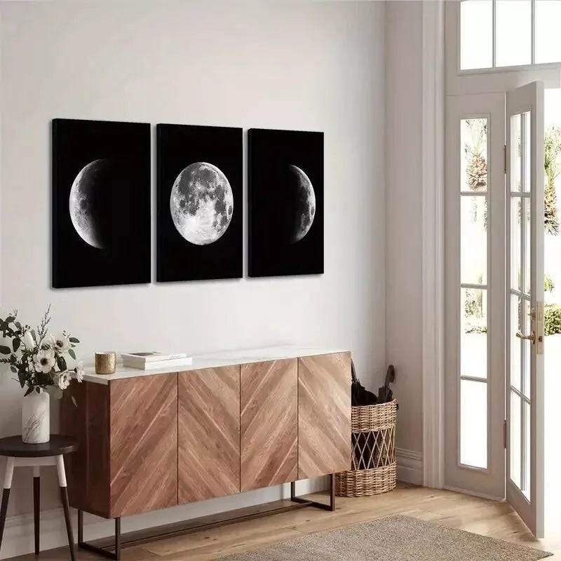 3pcs Full and Half Moon Black & White Canvas Framed 40x60cm - High Quality Print 100% Australian Made Wall Canvas Ready to Hang