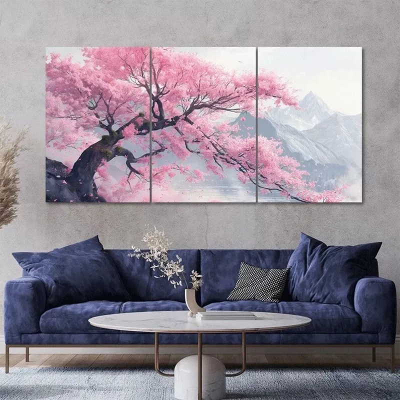Cherry Blossom Tree Mountain Scenery 3 Piece Canvas Framed 40x60cm - High Quality Print 100% Australian Made Wall Canvas Ready to Hang