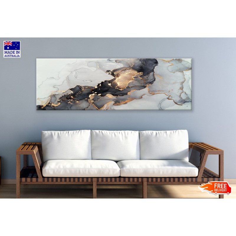 Panoramic Canvas Black & Gold Abstract High Quality 100% Australian made wall Canvas Print ready to hang