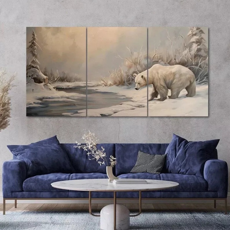 Polar Bear Winter Scenery 3 Piece Painting Style Canvas Framed 40x60cm - High Quality Print 100% Australian Made Wall Canvas Ready to Hang