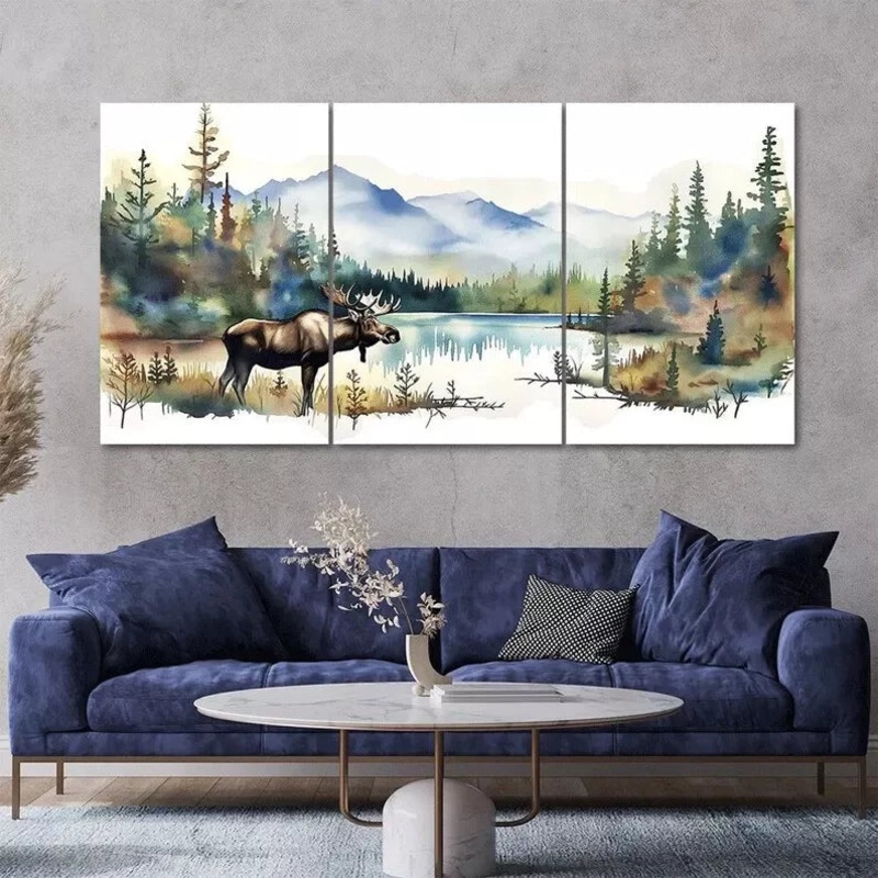 Watercolor Moose 3 Piece  Canvas Framed 40x60cm - High Quality Print 100% Australian Made Wall Canvas Ready to Hang