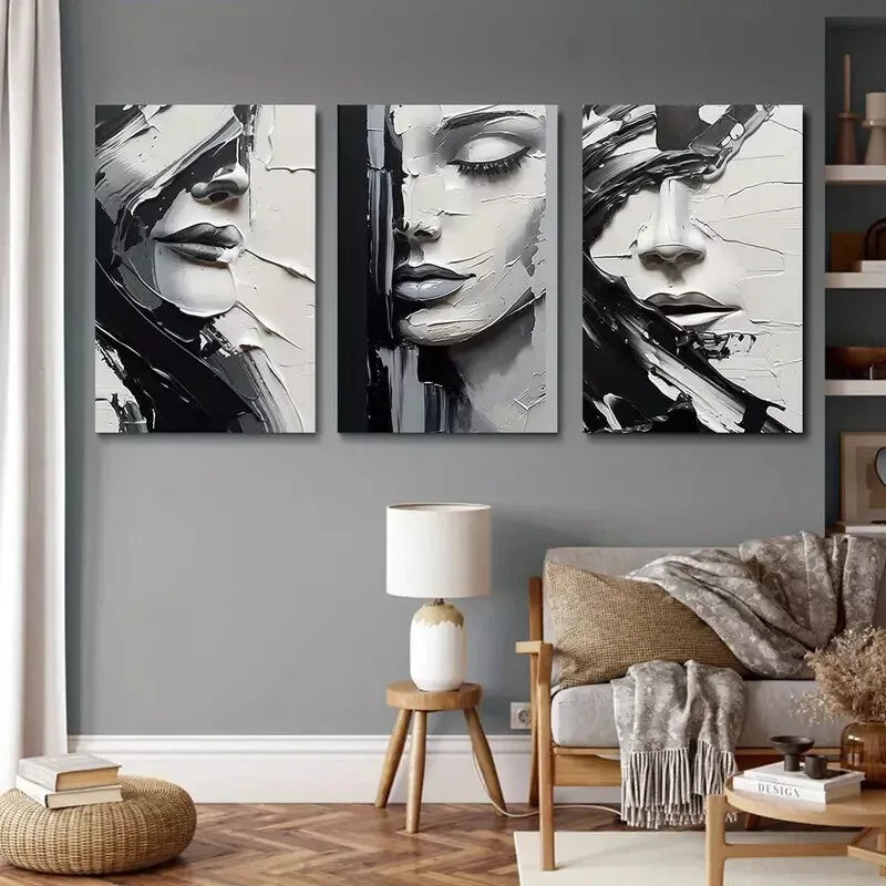 3pcs Abstract Minimalism Black and White Lines Human Face Canvas Framed 40x60cm - High Quality Print 100% Australian Made Wall Canvas Ready to Hang
