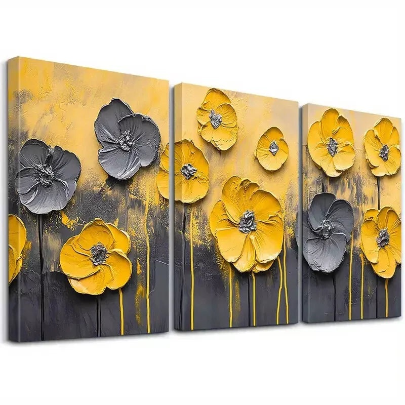 3pcs Abstract Modern Decorative Yellow Flowers Wall Art Set Canvas Framed 40x60cm - High Quality Print 100% Australian Made Wall Canvas Ready to Hang
