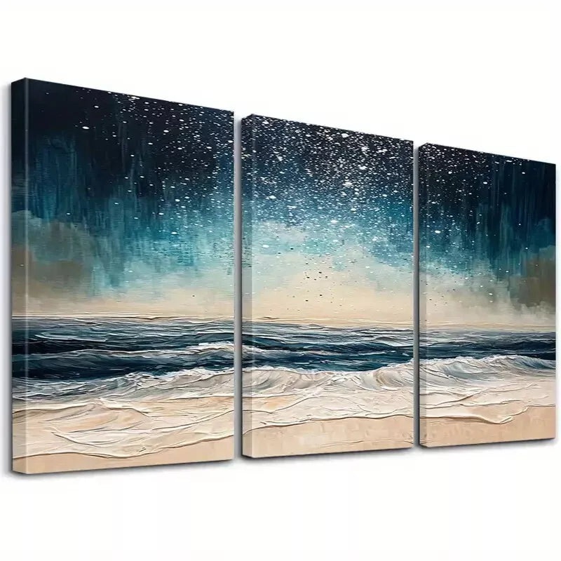 3pcs Abstract Night Beach Waves Classic Wall Art Set Canvas Framed 40x60cm - High Quality Print 100% Australian Made Wall Canvas Ready to Hang