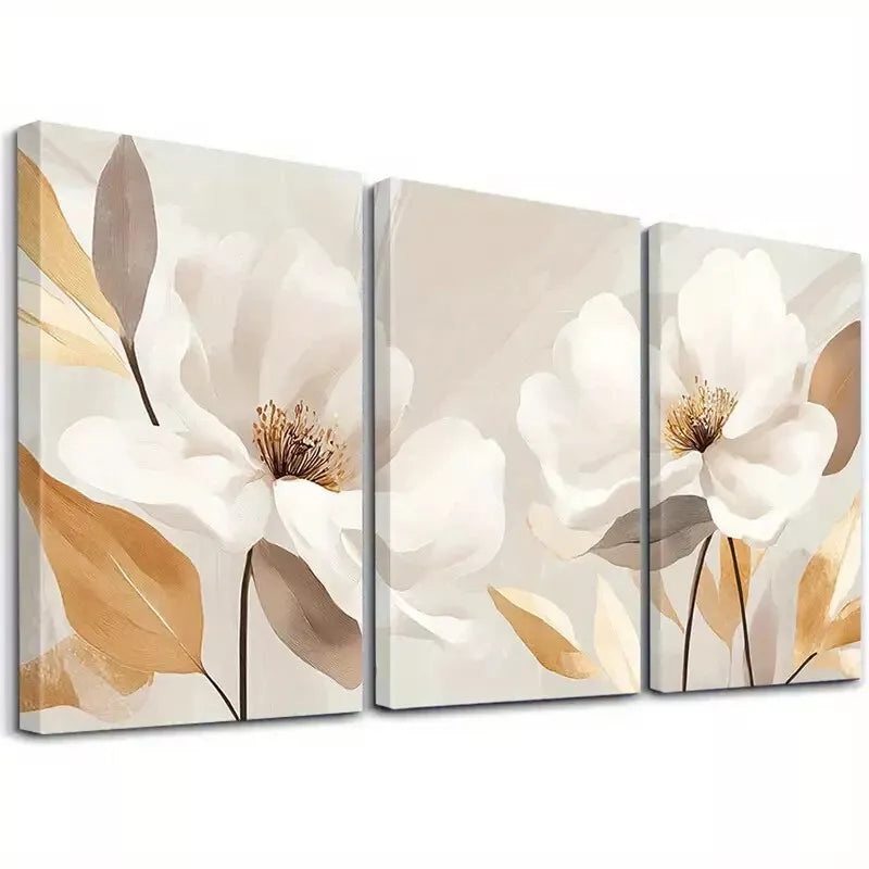 3pcs Abstract White Blossoms with Golden Leaves Wall Art Set Canvas Framed 40x60cm - High Quality Print 100% Australian Made Wall Canvas Ready to Hang