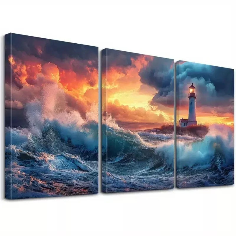 3pcs Aesthetic Landscape Lighthouse & Ocean Wall Art Set Canvas Framed 40x60cm - High Quality Print 100% Australian Made Wall Canvas Ready to Hang
