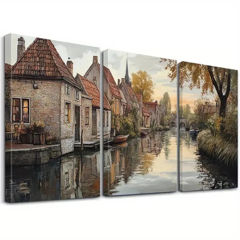 3pcs Aesthetic Peaceful Village In Autumn Wall Art Set Canvas Framed 40x60cm - High Quality Print 100% Australian Made Wall Canvas Ready to Hang