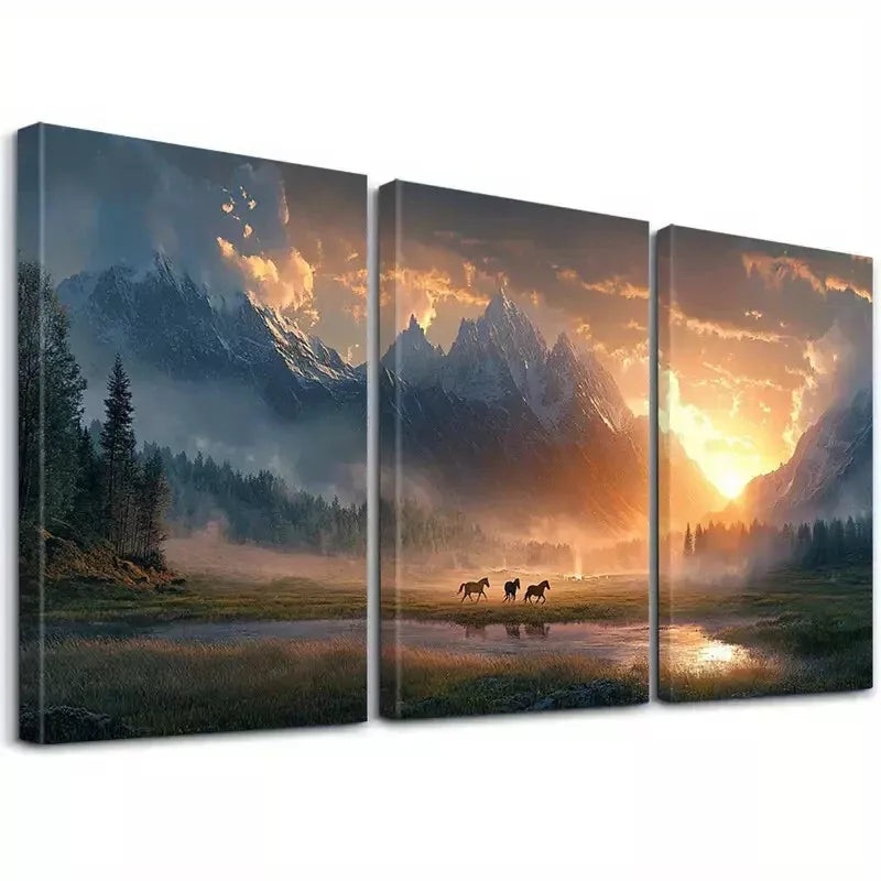 3pcs Aesthetic Running Horses and Sunset Wall Art Set Canvas Framed 40x60cm - High Quality Print 100% Australian Made Wall Canvas Ready to Hang