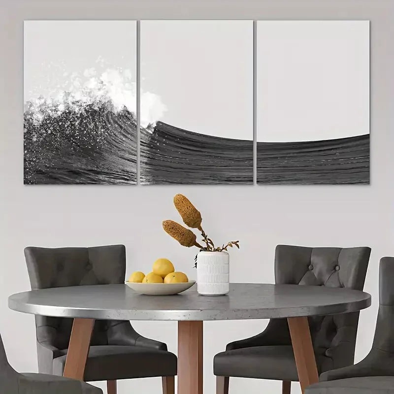3pcs Black and White Ocean Waves Canvas Framed 40x60cm - High Quality Print 100% Australian Made Wall Canvas Ready to Hang