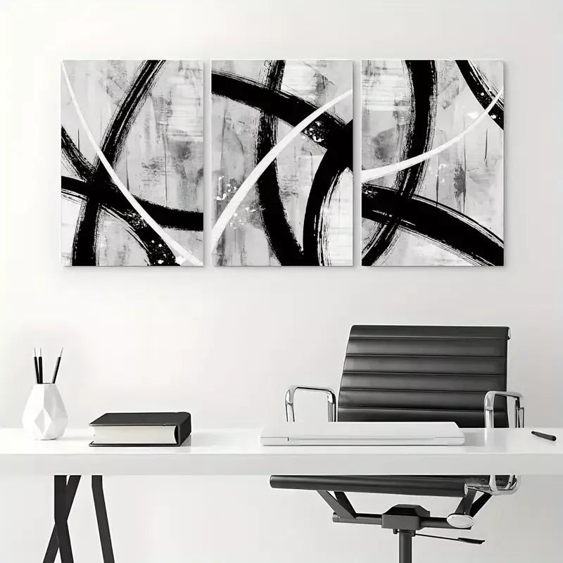 3pcs Black Gray White Geometric Paint Canvas Framed 40x60cm - High Quality Print 100% Australian Made Wall Canvas Ready to Hang