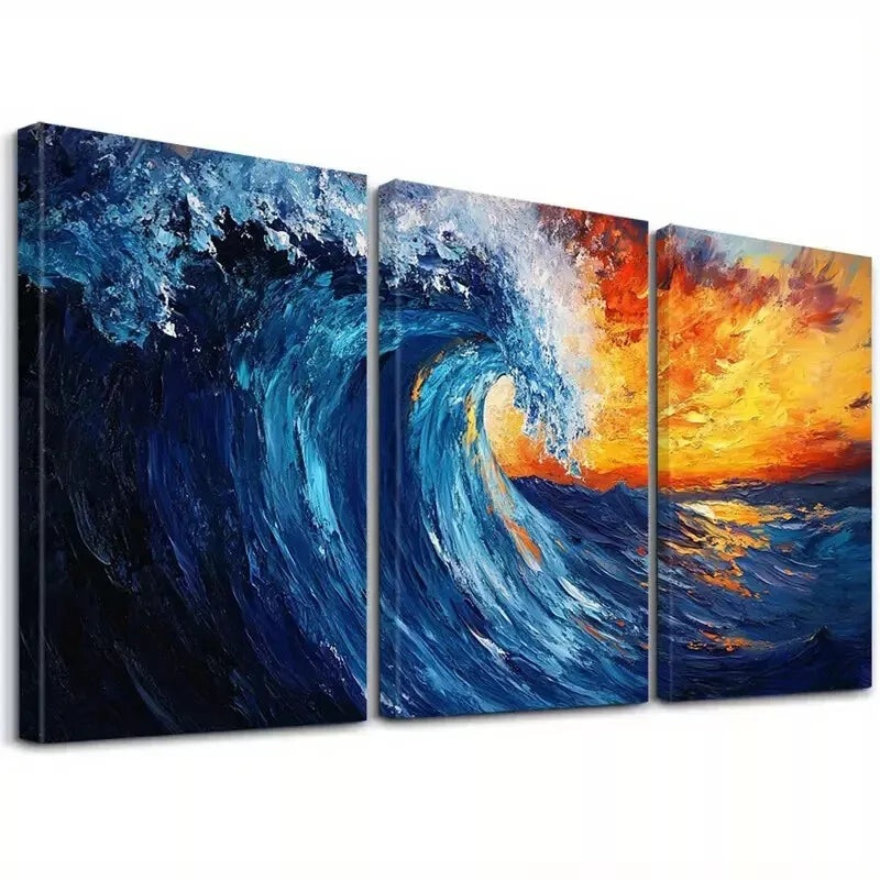 3pcs Blue And Orange Decorative Abstract Ocean Wall Art Set Canvas Framed 40x60cm - High Quality Print 100% Australian Made Wall Canvas Ready to Hang