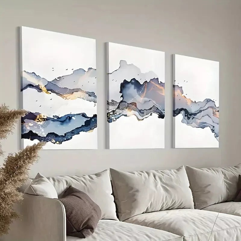 3pcs Blue Gold Smoke Wave Canvas Framed 40x60cm - High Quality Print 100% Australian Made Wall Canvas Ready to Hang