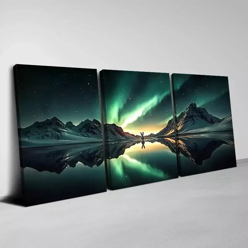 3pcs Charming Aurora Mountains Lake Night Sky Wall Art Set Canvas Framed 40x60cm - High Quality Print 100% Australian Made Wall Canvas Ready to Hang