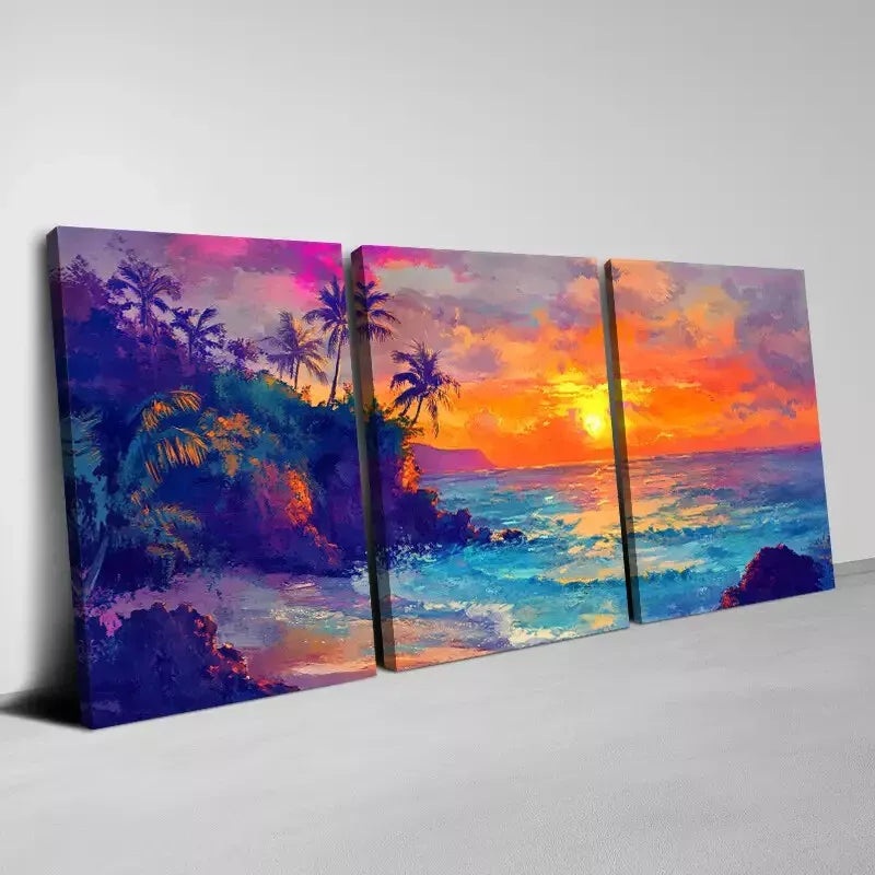 3pcs Charming Colorful Sunset Seaside View Wall Art Set Canvas Framed 40x60cm - High Quality Print 100% Australian Made Wall Canvas Ready to Hang