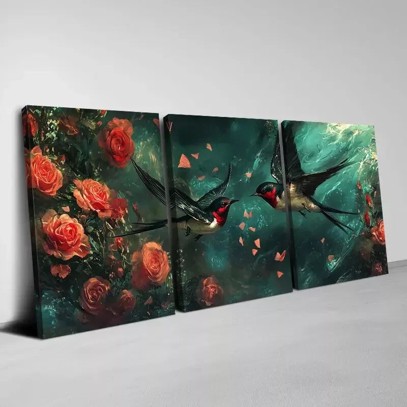 3pcs Charming Swallows Flying and Floral Roses Wall Art Set Canvas Framed 40x60cm - High Quality Print 100% Australian Made Wall Canvas Ready to Hang
