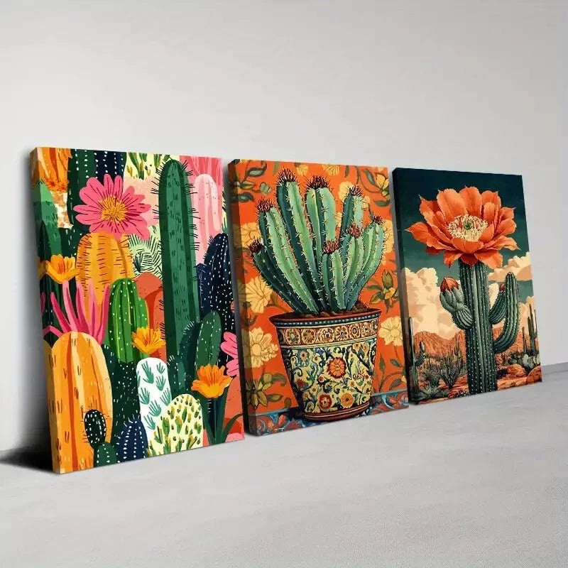 3pcs Colorful Cactus And Stunning Florals Wall Art Set Canvas Framed 40x60cm - High Quality Print 100% Australian Made Wall Canvas Ready to Hang