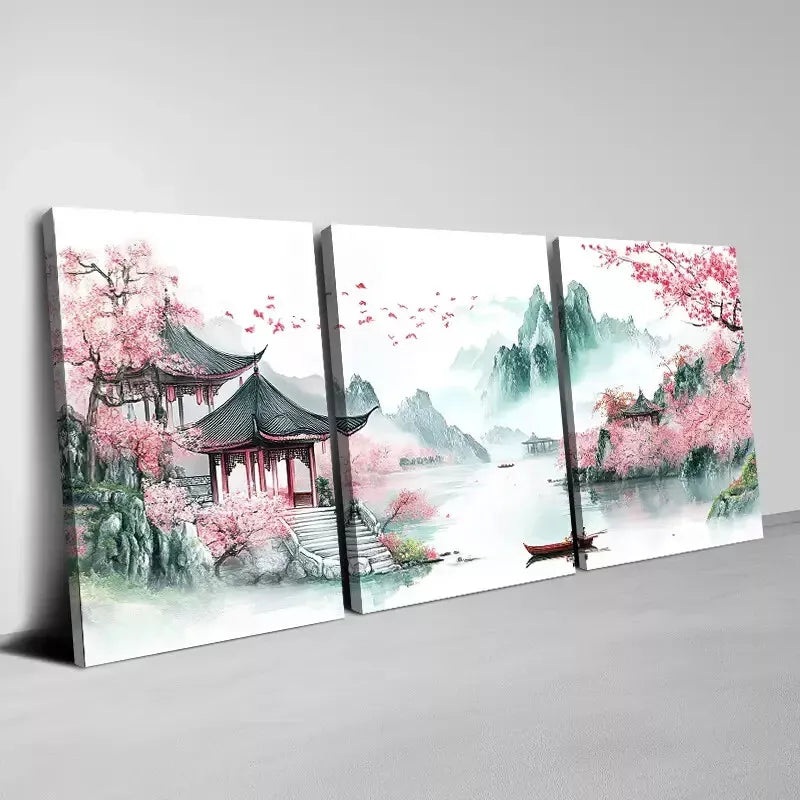 3pcs Colorful Landscape Pink Florals Painting Wall Wall Art Set Canvas Framed 40x60cm - High Quality Print 100% Australian Made Wall Canvas Ready to Hang
